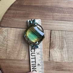 VTG Shadowbox Cocktail Brooch 2 Inch Vitrail Emerald Cut Blue AB Gold Filigree