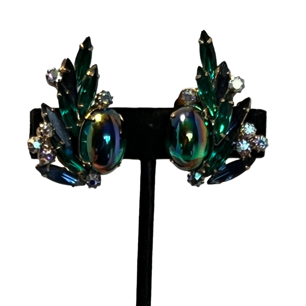 Hattie Carnegie Iridescent Peacock Colored Climber Clip On Earrings Signed