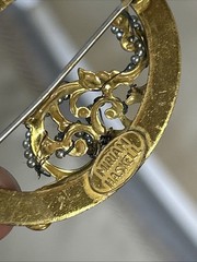 53. Vintage Miriam Haskell Gold tone Faux Pearl Oval Open Work Pin 45mm. As Is