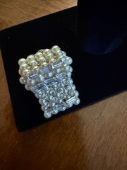 Vtg 1950s Faux Pearl Clear Rhinestone Baguette Plaque Shield Clip On Earrings