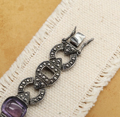 PAJ BB Purple Bracelet Silver Link Art Deco Style Marcasite Glass Amethyst