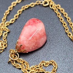 Vintage Agate Stone Gold Tone Chain Polished 3 Pink Brown Yellow Pendants 24″