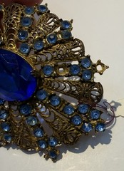 Vintage Antique Czech Gilt Filigree Cobalt Blue Glass Brooch Pin-Estate