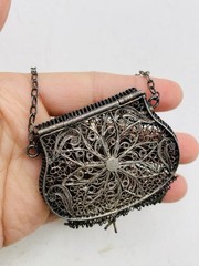 Antique Silver Tone Intricate Filigree Swirl Flower Coin Perfume Purse Pendant