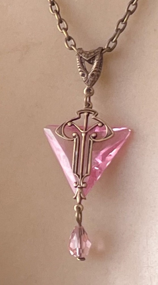 Vintage Necklace Art Nouveau Brass Pendant Antique Pink Czech Glass Drop