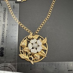 Vintage Book Chain Pendant Rhinestone Flower Necklace 17” C41