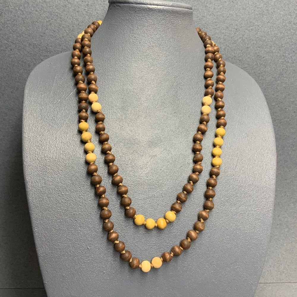Long Wooden Bead Necklace 56 In Brown Beige Vintage Boho Hippie Festival Retro