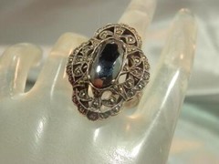 Vintage 40’s Queenly Sterling Signed Jet Marcasite 925 Size 7.75 Ring 595o2