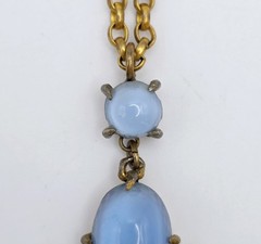 Vintage Blue Glass Pendant Necklace Moonglow Floral Statement Cabochon