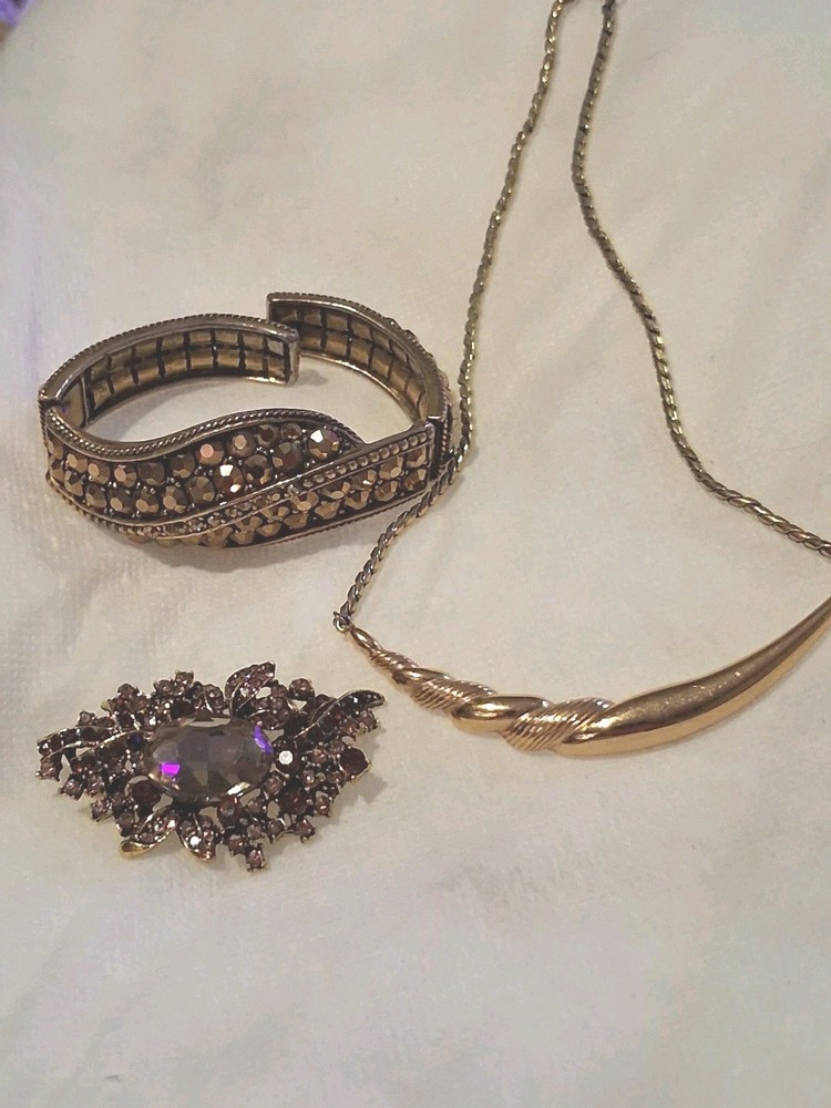 Vintage MONET Gold Collar Necklace WEISS Topaz Bracelet Smoky Rhinestone Brooch