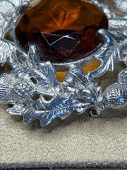 Vintage Scottish Thistle And Large Cognac Amber Stone Brooch Heavy Large