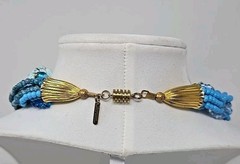 Vintage Lucille Gauthier Chunky Bib Necklace Multi Strand Blue Boho 1970s 1980s