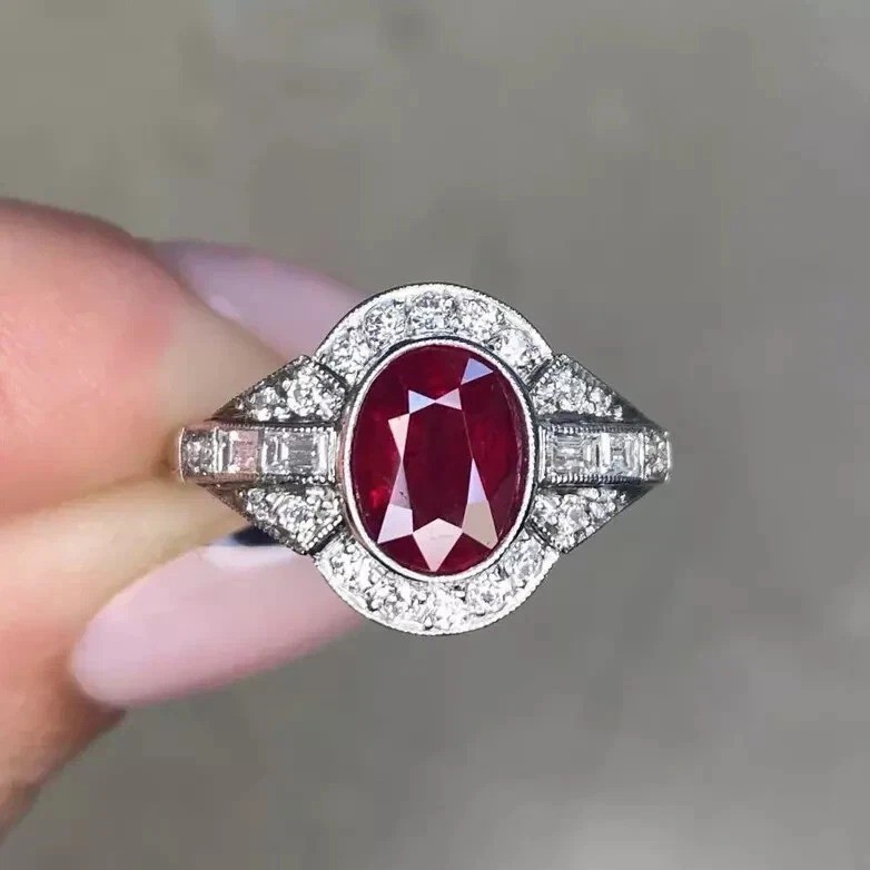 3Ct Art Deco Style Oval Cut Lab Created Ruby Halo Wedding 14K White Gold FN Ring