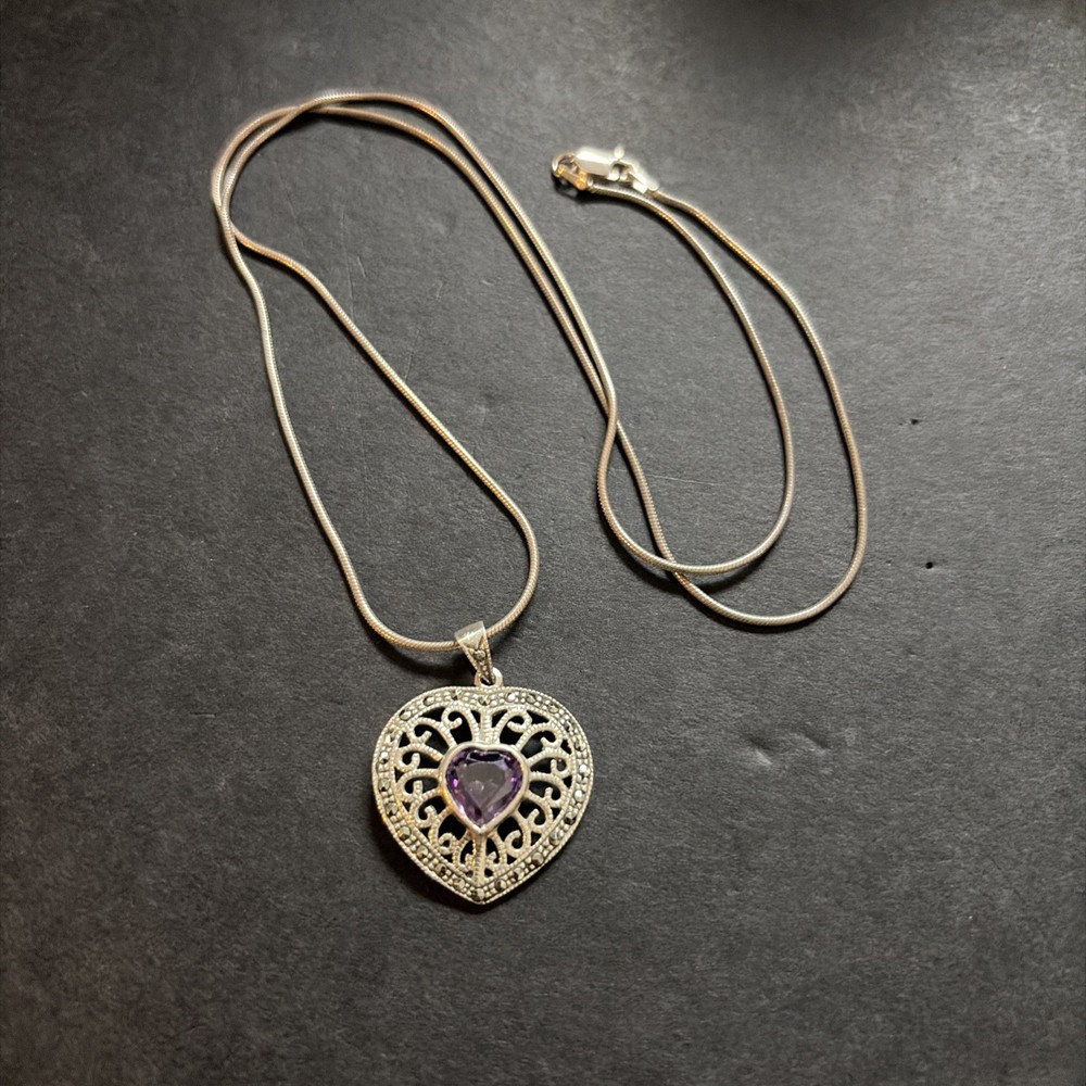 Vintage Sterling Silver Amethyst Heart Necklace Signed AGI 925 22”