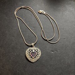 Vintage Sterling Silver Amethyst Heart Necklace Signed AGI 925 22”