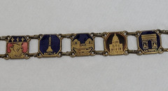 Paris France Souvenir Monuments Etched Enamel Link Brass Clasp Vintage Bracelet