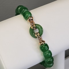 Glass Beaded Stretch Bracelet Green Faux Jade Asian Gold Tone 6.5″