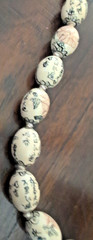 Vintage Asian Calligraphy and Floral Motif Oval Porcelain Bead Necklace 28 inch