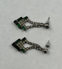 Art Deco Style Rhinestone – Clear And Emerald – Drop Earrings 1.75” Very Pretty