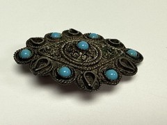 Sterling Silver Turquoise Filigree Brooch Israel 935