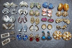 MCM Vintage Clip Earrings Jewelry Lot ~ Mid Century Rhinestone Glamour ~ 25 Pair