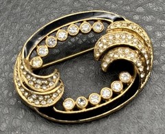 Vintage 1928 Brand Gold Tone Black Enamel Crystal Swirl Brooch Pin Deco Style