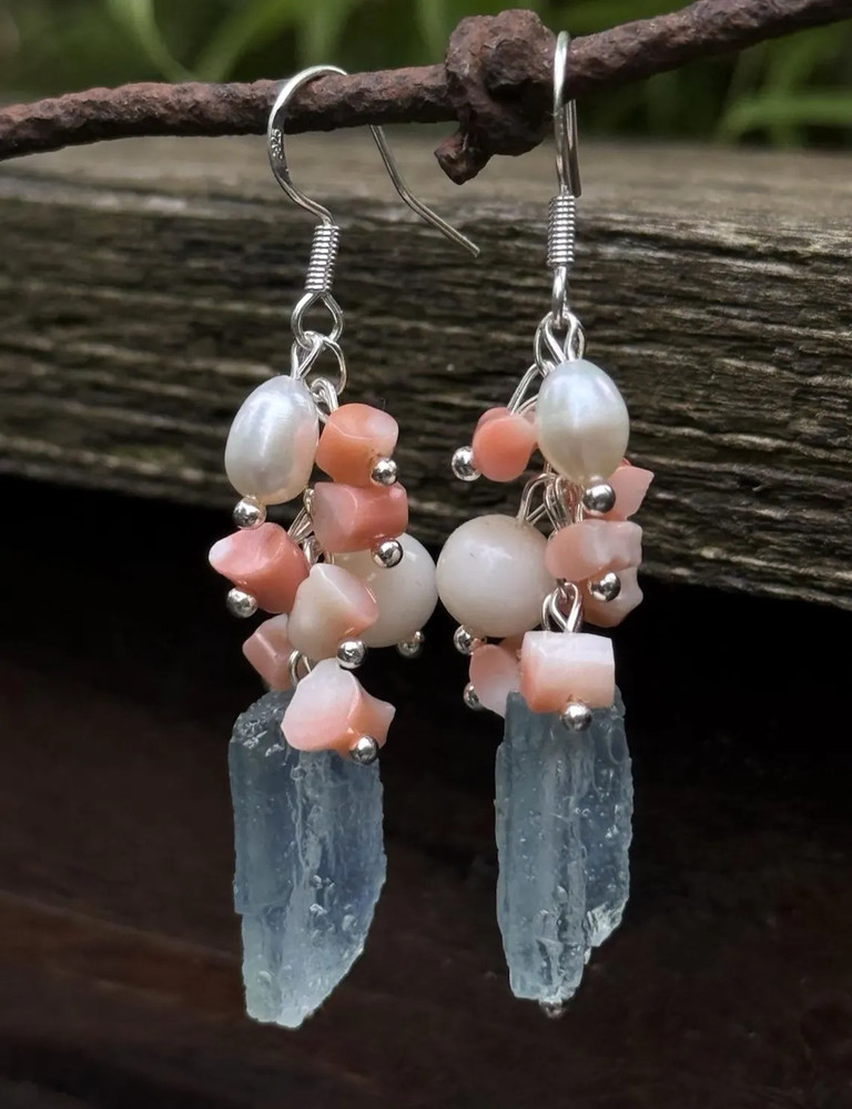 Aquamarine natural coral earrings with pearls