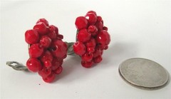 Vintage Germany Red Czech Glass Bead Beaded Cluster Earrings Clip On Hexagon