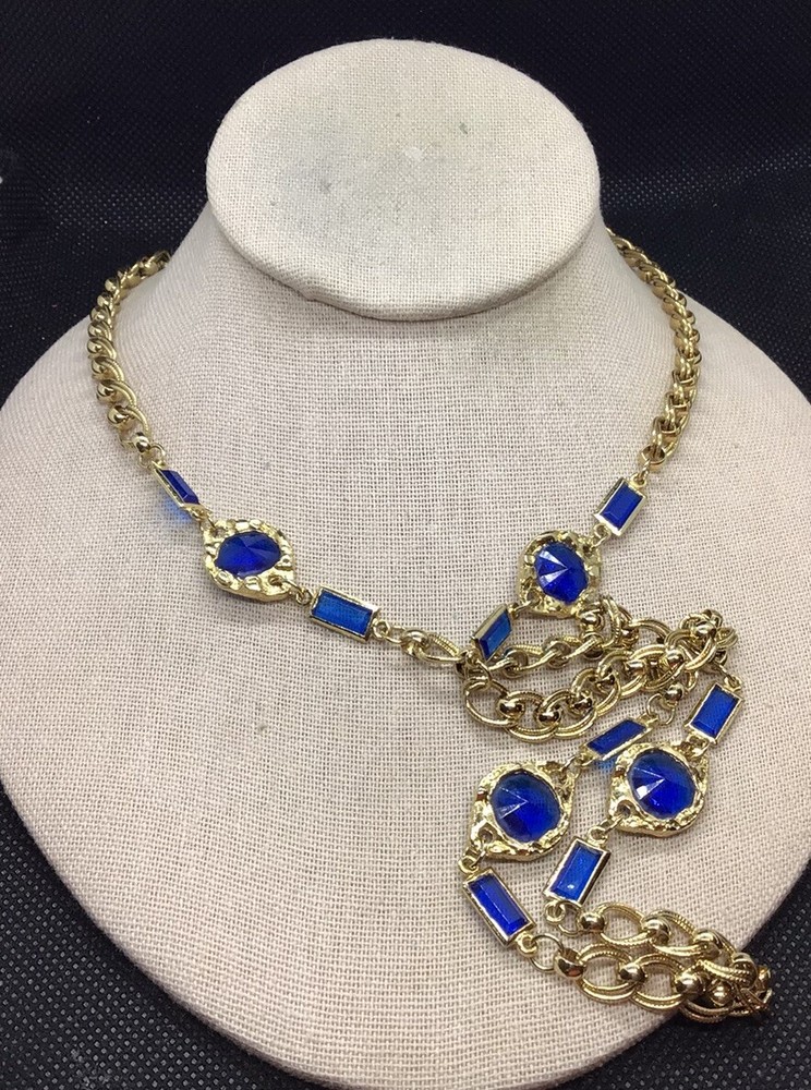Vintage Costume Long & Chunky Blue Plastic Stone Chain Necklace 30″ F095