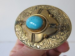 Vintage Victorian Faux Blue Turquoise Glass Cabochon Brass Filigree Pin Brooch