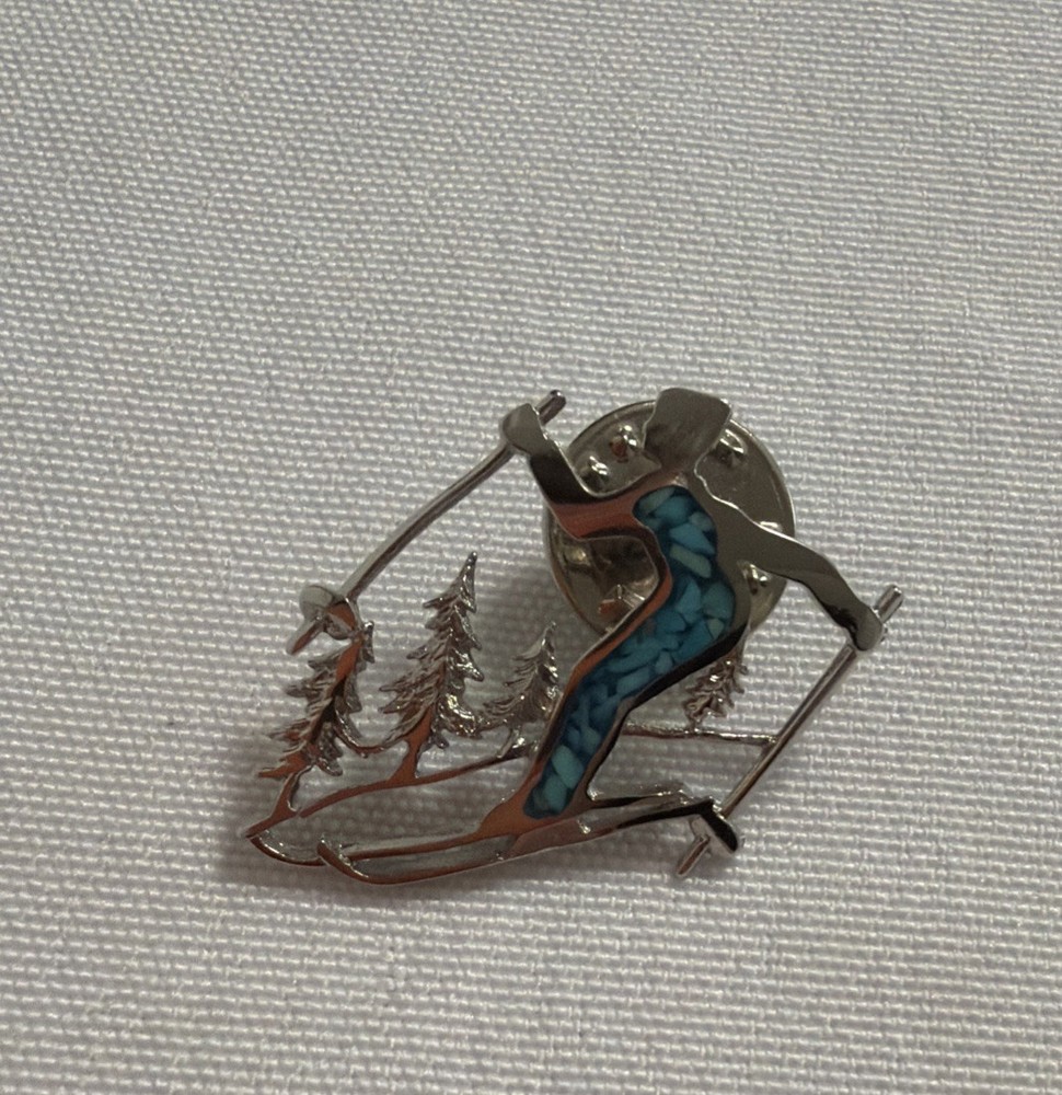 VTG Sterling Silver Turquoise Ski Skier Pin Snow Trees Winter Holiday Skiing