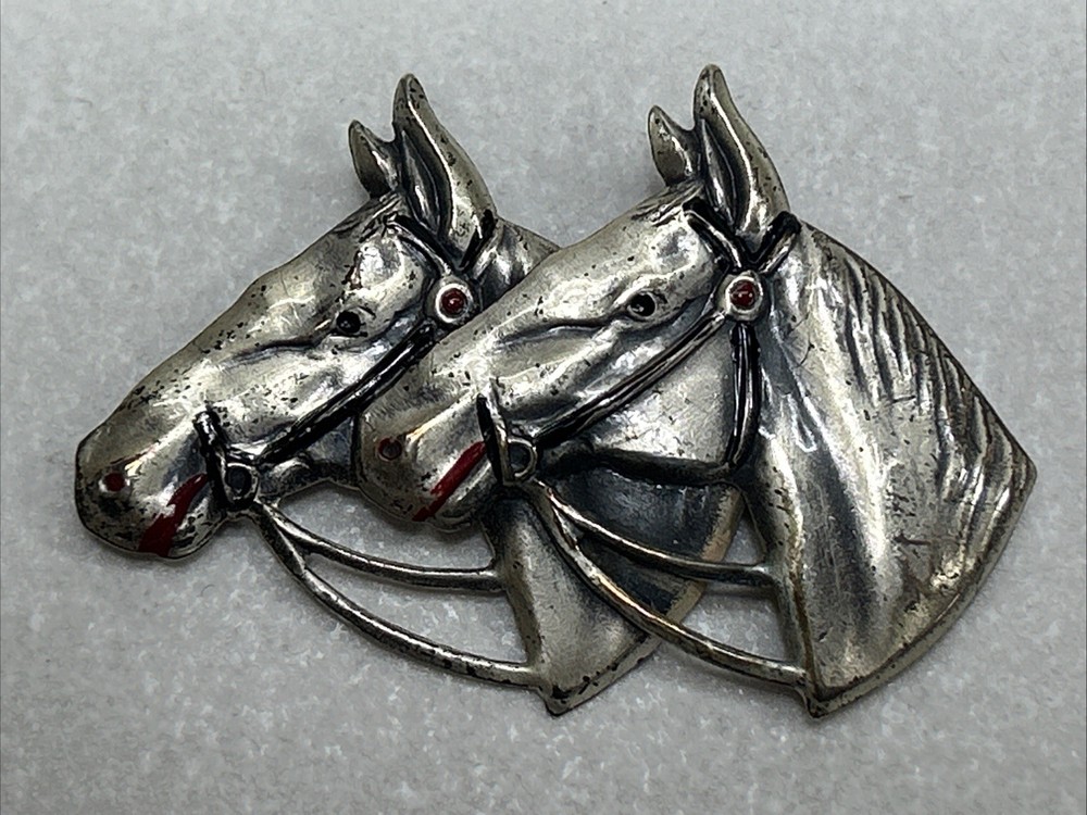 Vintage Rare Two Horse Head Brooch Pin Marked Sterling Uncas Mfg. Co.