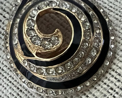 Black & Rhinestone Gold Tone Swirl Brooch Angel Jewelry Co Stamped Vintage