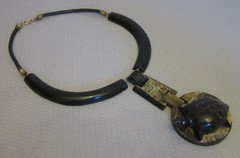 vintage Carved Horn Turtle Pendant Necklace Boho Tribal Wood Leather Brass 20″