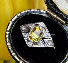Edwardian 3Ct Emerald Cut Yellow Citrine CZ Art Deco Ring 14K White Gold Plated