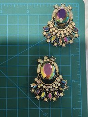 Vtg Hollycraft 1956 Peacock Blue Ab Clip Earrings Iridescent Glass Articulated