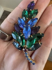 Vtg D&E Delizza Elster Juliana Brooch Earrings Peacock Blue Green Rhinestone