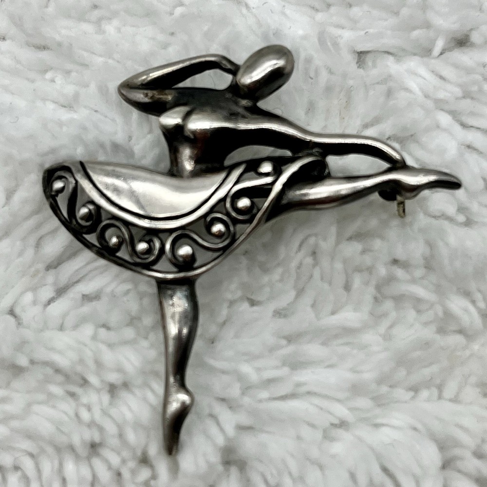Dancer Brooch Ballerina Pin Silver Tone Figural Open Filigree Skirt