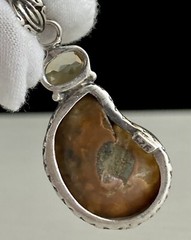 Ammonite Fossil Gemstone Bezel Set 1.75” Pendant 925 Sterling Silver 9.45g Vtg.