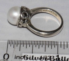 Vintage Sterling Silver CFJ Single Pearl Ornate Setting Ring Size 5 3/4 or 6