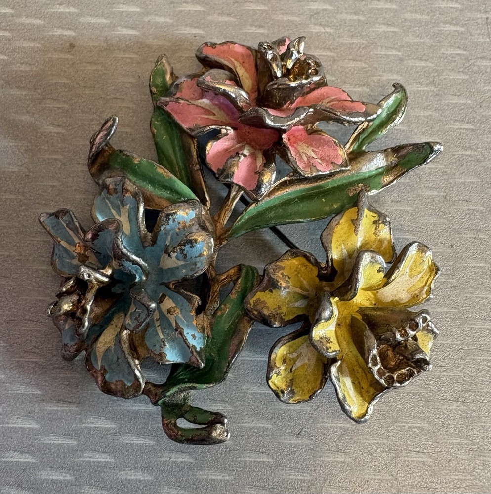 Vintage Pot Metal Enamel Orchid Flower Bouquet Brooch Pink Yellow Blue Green