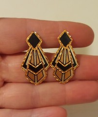 Art Deco Style Silver And Black On Copper Pierced Earrings