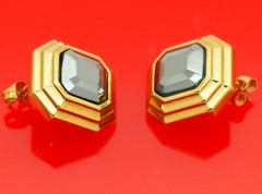 Vintage Lanvin Germany Octagonal Gold Plate w/ Hematite Pierced Earrings Rare