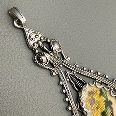 Vintage Victorian Handmade Floral Needlepoint Pendant Silver Tone Teardrop Charm