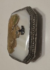 ANTIQUE CHINESE EXPORT SILVER FILIGREE ORNATE CARVED MOP MESH BROOCH