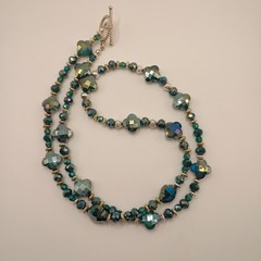 Vintage Style Teal Peacock Iridescent Faceted Crystal Clover Jewelry Set