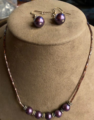 NOS Dark Purple Glass Bead Necklace 16″ & Pierced Dangle Earring Set