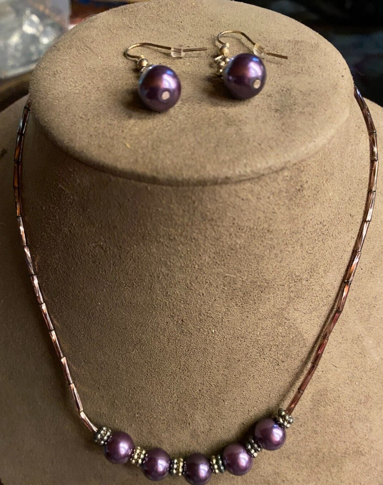 NOS Dark Purple Glass Bead Necklace 16″ & Pierced Dangle Earring Set