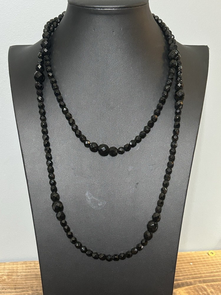 VTG Robert Rose Faceted Black Glass Bead Necklace 42” Opera Length Flapper Art