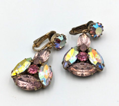 Aurora Borealis Crystals Rhinestones Clip On Earrings AB Vintage Unmarked Dangle